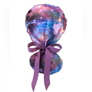 Nursing Scrub Cap with Ribbon Ponytail - Galaxy